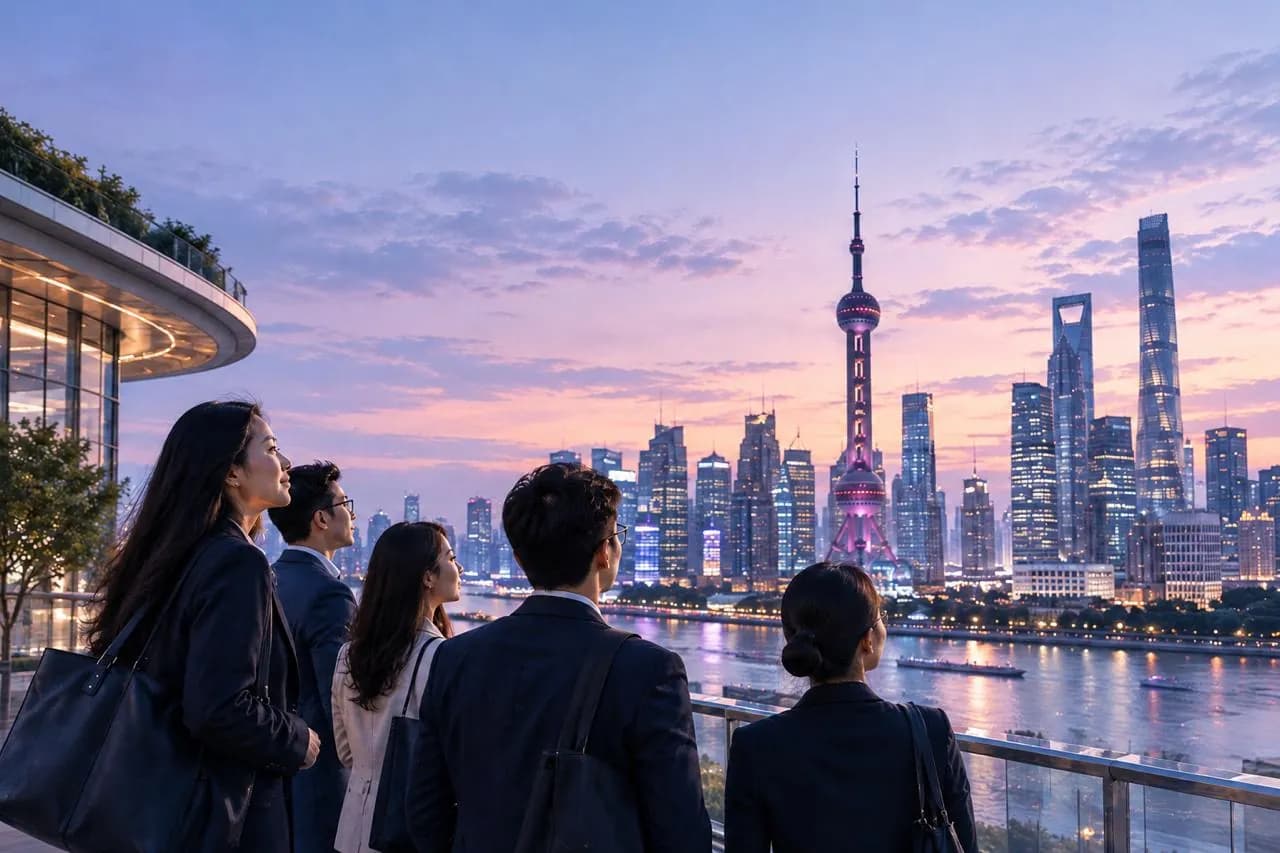 Business travellers looking at the Shanghai skyline at dusk